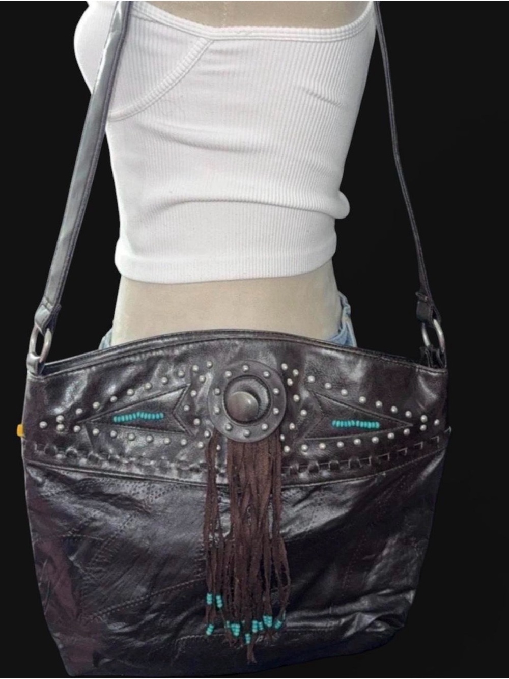 Studded Fringe Shoulder Bag in Dark Brown with Turquoise Accents